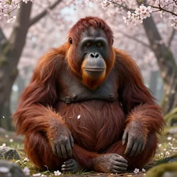 an unreal engine render of a orangutan meditating in a forest of cherry blossom trees, hyper detailed, high quality, smooth, intricate, coherent