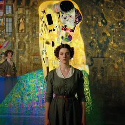 a woman in a medieval city, hyperrealistic film still by edward hopper, by gottfried helnwein, by klimt, by paolo uccello, by johfra bosschart, art nouveau, highly detailed, strong lights, liminal, eerie, symbolist, bright pastel colors