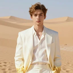 full figure beautiful young man, dressed in expensive clothes, luminous scene, by greg rutkowski and alphonse mucha, d & d character, gradient white to gold, in front of a dune desert background, highly detailed portrait, digital painting, artstation, concept art, smooth, sharp focus illustration, artstation hq