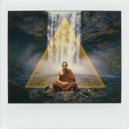 by steve hanks, by serov valentin, by lisa yuskavage, by andrei tarkovsky, by terrence malick focused monk sits near waterfall, golden ratio, perfect symmetrical, polaroid, vintage, soft lights, foggy, oil on canvas