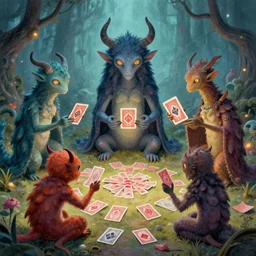 a group of otherworldly creatures playing with cards, by wayne barlow