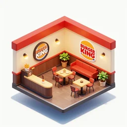 An Isometric floating 3D gaming room designed by the fast food giant Burger King that shows in detail gaming peripherals, an enthusiast gaming PC, gaming table, gaming chair, speakers, and gaming monitors. Artstation, 3D render, high-res, 4K