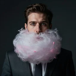 a dramatic photo of an business man with cotton candy beard. paint splashes. moody and melancholy.