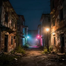 empty abandoned city at night, multicolor street lights illuminate a foggy alley, fear