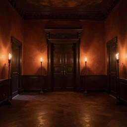A large room, richly furnished and dimly lighted by two torches. There is a heavy door at the far end of this chamber; there are also doors in the walls to either side of it—the left-hand one being closed but slightly ajar.