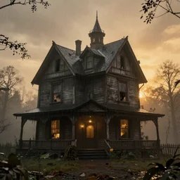 creepy view of haunted house with many attractions, fog, rain, volumetric lighting, beautiful, golden hour, sharp focus, highly detailed, cgsociety