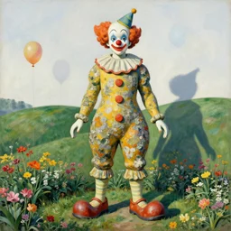 clown statue colossus textured in color lichen stands in flower garden balloons on hills by henri rousseau masterpiece shadows and highlights mucha beksinski