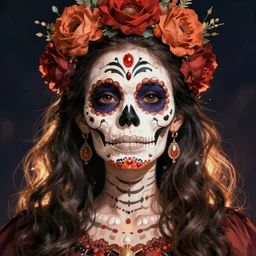 Illustration of a sugar skull day of the dead girl, art by hayao miyazaki