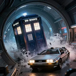 The Tardis from Dr.Who crashing in the DeLorean from back to the future in a time tunnel 8k hyperdetailed surrealism