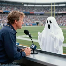 photo of john madden and a ghost in a press box announcing a football game, 1 9 8 7