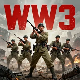 a Chinese propaganda poster promoting the people's liberation army fighting in World War 3, WW3, dystopian future, communist propaganda