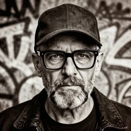 highly detailed portrait of grumpy. christian slater, baseball cap, overgrown stubble, old, as mr robot, thick square glasses, by atey ghailan, by greg rutkowski, by greg tocchini, by james gilleard, by joe fenton, by kaethe butcher, gradient brown, black and white color scheme, grunge aesthetic!!! ( ( graffiti tag wall background ) )