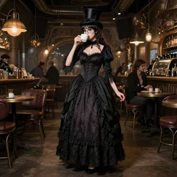full body portrait photo of reol wearing a elegant gothic dress, open top, wearing a tophat, and glasses. drinking coffee in a busy steampunk cafe interior, dynamic, cinematic, studio lighting, at night, ( ( photograph ) ), mood, realistic