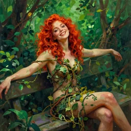 full body portrait of a beautiful woman with fire red wavy hair, loosely clothed in vines, sitting on a bench, leaning backwards, arms reaching out to her sides, with a mischievous smile, dense foliage in the background by Jeremy Mann, vivid colors, green hue, stylized, detailed, loose brush strokes