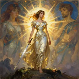 female hero with sword standing on hill, art by artgerm and greg rutkowski and alphonse mucha