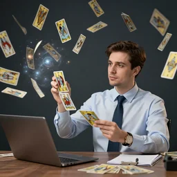 male accountant examining the mysteries of tarot cards flying everywhere, magic everywhere, matte painting, high quality