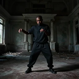 kanye west dancing in an abandoned mansion, ominous lighting, realistic, elegant, beautiful, 4 k, sad.