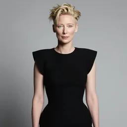 the portrait photo of actress tilda swinton weared in black dress in studio