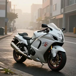 parked Hayabusa on deserted city street, fog, rain, volumetric lighting, beautiful, golden hour, sharp focus, ultra detailed, cgsociety
