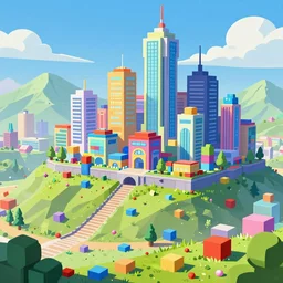 futuristic city on a mountainside, colorful city, q - bert blocks, colorful blocks on hillside, 3 d blocks, cel - shading, cel - shaded, 2 0 0 1 anime, bright sunshine
