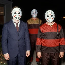 photograph from 1909 of Halloween trick or treaters wearing Jason Voorhees costumes and Freddy Krueger costumes, highly detailed, vintage film