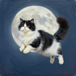 a oil painting of a black and white persian cat jumping over a full moon.