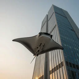 a huge manta ray is floating in the air near a skyscraper, surreale, epic, cinematic shot, golden hour, atmosphere, high definition