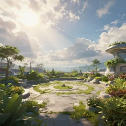 on a futuristic rooftop garden, open space, beautiful scenery, cinematic clouds, god rays, sunshine. game cg, hyperdetailed, trending on cgsociety