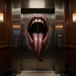 horrifying photorealistic image of a 1 9 2 5 hotel elevator lobby, elevator doors look like a mouth, with a tentacle - shaped tongue, licking out, full color, dark, atmospheric, brooding, smooth, finely detailed, cinematic, epic, in the style of lee gibbons