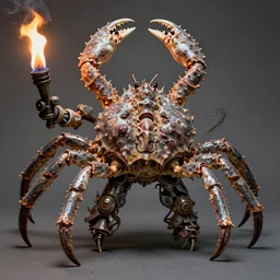 airbrush macro tiered horseshoe crab | viscera as god |, medical, carapace rusted chrome chaos in dystopic armor, chris foss, enric torres, alberto bontempi, feng zu hyper realism, torch light, muted horror of puce lime colors, epic, hyper detailed, awe inspiring, award winning horror, torch lighting, hyper realism, cinematical