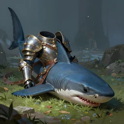 anthropomorphic thresher shark knight perished, lifeless, fantasy, digital painting, dramatic lighting, vibrant setting, realistic shading, unreal engine 5, concept art, ultra detailed, trending artstation