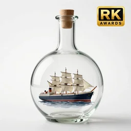 a glass bottle with a long neck, a ship inside the bottle, photography, award winning, 4 k