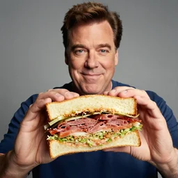 high quality photo of drew carey holding a horrible sandwich towards the camera