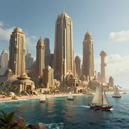 futuristic ancient african city, sc-fi city, salboats in the sea, photo realism, hyper details, cinematic lights, photobashing, cinematic lighting, octane render, 4k, extremely high detail, post processing, octane render