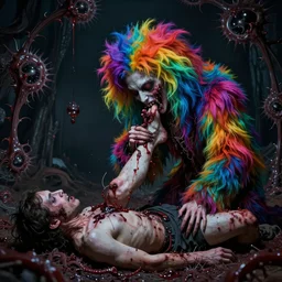 a fractal kaleidoscope portrait of a beautiful colorful ( flesh - eating ) yamazaku covered in rainbow fur, eating the leg of a screaming man, ground covered in maggots, schizophrenic hallucination, fear, morbid, nightmare, supernatural, 8 k, hd photography, highly detailed, chiaroscuro, terrifying