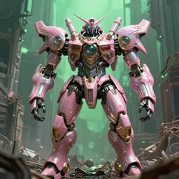 hyperrealistic hyperdetailed rococo mecha iridescent pink coming out of dystopian city ruins concept art santiago caruso de chirico sharp very dramatic green light 8k low angle shallow depth of field