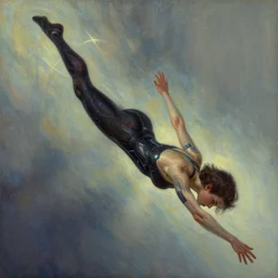cyberpunk woman diving through through the air, dynamic pose, cinematic lighting, science fiction painting, elegant intricate digital painting artstation, art by greg rutkowski and alphonse mucha, detailed