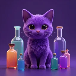 purple cat, vibrant vials, centered, symmetrical, aesthetically pleasing, insane details, digital art, deviantart, artstation, ambient light, 8 k, octane render