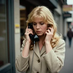 a woman with golden hair waits by a phone, 1970s, cinematic, Kodak Portra 800 film