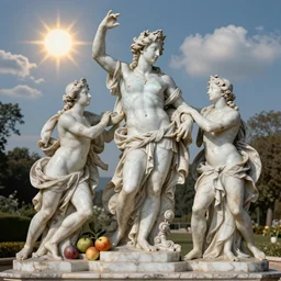 tilt shift, prismatic, italian masterpieces, painted marble sculptures, baroque, beautiful, gracious, pagans, painted marble, clouds, sun, fruits, painted marble sculptures, bioluminescent skin, ultra detailed
