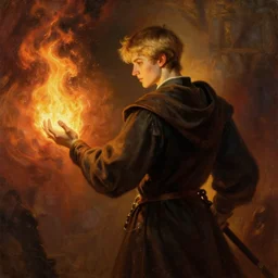 young man using fire magic, wearing mages robes, back view, short blond hair, highly detailed painting by gaston bussiere, craig mullins, j. c. leyendecker 8 k