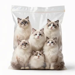 a highly detailed photo of a transparent sack full of furry cats, white background, studio lighting, 4 k, 8 k
