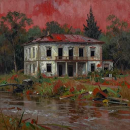 A painting of an abadoned building near the river in a forest, it is rainning and the rain is red, oil on canvas, ultra detailed, impressionism, octane rendering