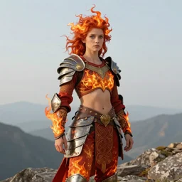 a beautiful fire wizard with fire red hair, freckles. wearing armor inspired by alphonse mucha with an exposed midriff, standing on a mountain top with epic clouds and volumetric lighting. intricate illustration and highly detailed digital painting. concept art by artgerm. inspired by brom art and larry elmore.