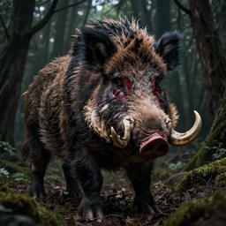 giant wild boar god with bloody eyes and many tusks, in dark woods, dim colors, forest, highly detailed illustration, masterpiece, fantasy, magical, hyperdetailed, realistic, witch fairytale, 4 k, 8 k, highly detailed matte painting, dungeons and dragons