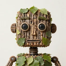 a robot face made out of twigs and leaves. photograph.