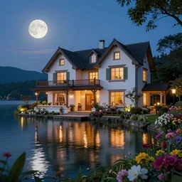 a stunningly beautiful lake house in the moonlit nightscape, house by the reflective lake in the evening, dreamy, lamps and flowers, beautiful garden, highly detailed textures, perfect landscape, artstation, 4 k, soothing