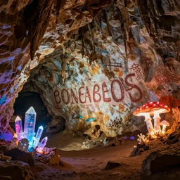 prehistoric cave art in cavern with neon crystals and glowing mushrooms with groove spelled out in cave art