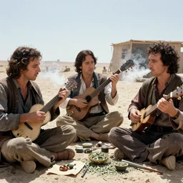 Nicolas Cage as berber musicians, smoking hashish and playing string instruments in a dusty, sunny environment, a frame from an early star wars movie