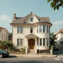view of a house from the street. style: retro futurism